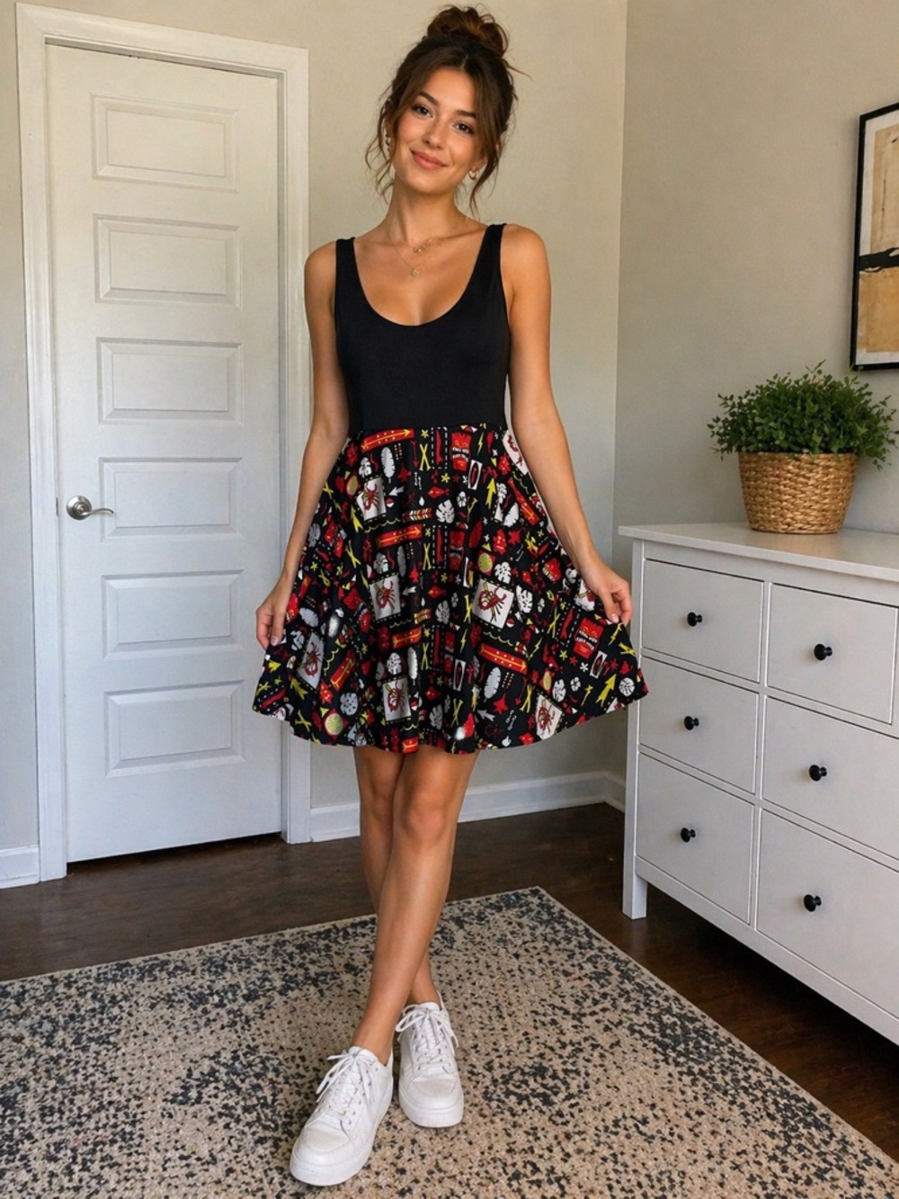 XL Black Graphic Print Fit & Flare Dress Stretch Top Skater Style